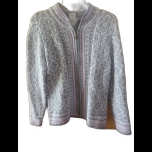 Appleseed Oslo Nordic Fair Isle Full Zip Cardigan Sweater Grey Pink Wool Sz Med